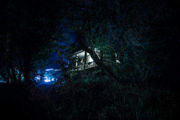 Horror Halloween concept. Burning old oil lamp in forest at night. Night scenery of a nightmare...