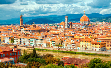 Panorama of Florence and Saint Mary of the Flower in Florence, Tuscany, Italy. Florence cityscape. Florence architecture and landmark.