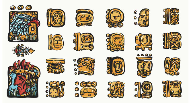 Mayan alphabet. Ancient mexican mesoamerican glyphs, hieroglyphics. Maya civilization collection. Old school tattoo style