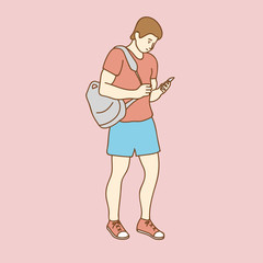 Happy man using phone while walking on street. Concept of young people working mobile devices. Vector illustration.