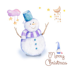 Watercolor Christmas Snowman , hand drawn cartoon illustration for baby t-shirt print, fashion print design, kids wear, baby shower celebration greeting and invitation card.