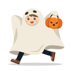 Happy Halloween. Funny Kid in colorful Ghost costumes and pumpkin basket.