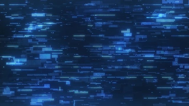 The abstract high-tech looking particles, which resemble the bright blue flickering pixels combined into matrices randomly spaced over a dark background.