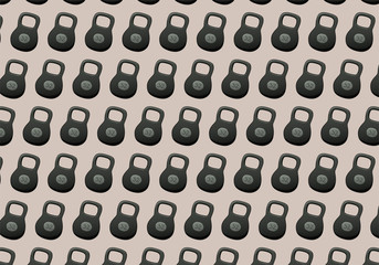 Pattern made up of kettlebells of 32 kilograms. Beige background, vector.