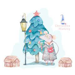 Cute watercolor cartoon rat and Gingerbread houses. Watercolor hand drawn animals illustration. New Year 2020 holiday drawing illustration. Symbol 2020Merry Christmas gift card. Greeting postcard