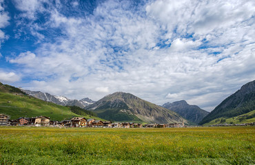 View of Livigno, an Italian town in the province of Sondrio in Lombardy and renowned winter and summer tourist resort in the Alps, Italy.