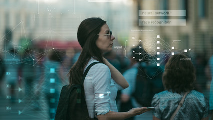 Facial recognition and search and surveillance of a person in the modern digital age, the concept.