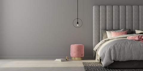 Bedroom with large gray bed and pink pouf. 3d render