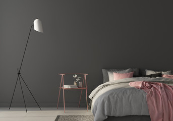 Bedroom with large gray bed and pink chair. 3d render