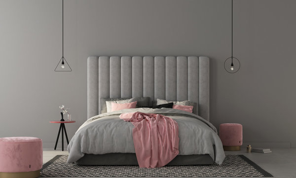 Bedroom with large gray bed and pink poufs. 3d render