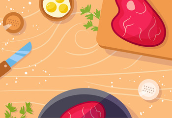 Cooking meat. Beef, eggs, parsley, knife, frying pan on kitchen table. Salt and pepper Vector. Cartoon. Isolated art
