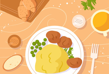 Table setting. Dinner, potatoes with meat balls, green peas, salt and pepper, parsley, croissants and juice Vector. Cartoon. Isolated art