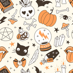 Black magic hand drawn vector seamless pattern. Crystal ball, bottles with poison, worms, skull, black cat on pastel background. Witching stuff wrapping paper, wallpaper modern textile design