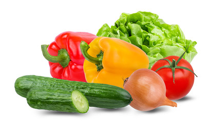 Fresh vegetables red and yellow bell peppers, cucumbers, tomato, lettuce and onion isolated on white background with clipping path