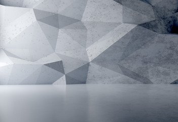 Abstract empty, modern concrete room with sidelit back polygonal wall - industrial interior background template, 3D illustration - obrazy, fototapety, plakaty