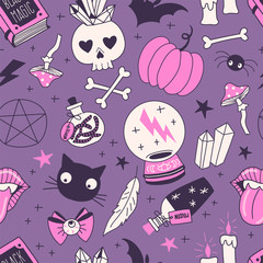 Black magic hand drawn vector seamless pattern. Crystal ball, bottles with poison, worms, skull, black cat on dark background. Witching stuff wrapping paper, wallpaper modern textile design