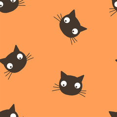 Black cat head vector seamless pattern. Spooky kitten, wizard animal on orange background. Cute cat looking calm. Witch pet, funny halloween wrapping paper, wallpaper textile design