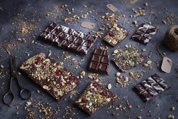Handmade chocolate with nuts and dried fruits, Chocolatier, Sweet gifts, Valentine's Day, White Day, Howaito day, Closeup, Selective focus