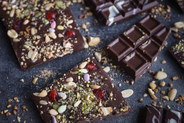 Handmade chocolate with nuts and dried fruits, Chocolatier, Sweet gifts, Valentine's Day, White Day, Howaito day, Closeup, Selective focus