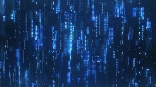 The abstract high-tech looking particles, which resemble the bright blue flickering pixels combined into matrices randomly spaced over a dark background.