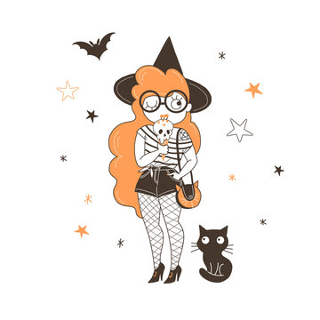 Witch eating ice cream flat vector illustration. Red haired young girl with creepy skull plombir isolated cartoon character on starry white background. Black cat, flying bat design element