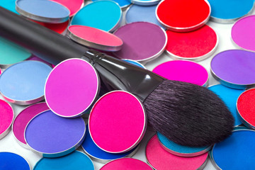 Makeup brush and eye shadow close up.  Tool for makeup artist.