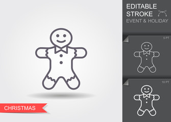 Holiday gingerbread man cookie. Line icon with editable stroke with shadow
