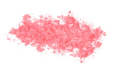 Pink cosmetic powder on a white background.  View from above.