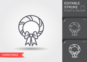 Christmas wreath. Line icon with editable stroke with shadow