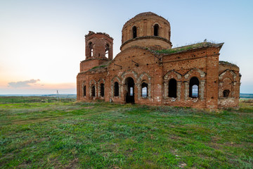 Fototapeta na wymiar Old orthodox church ruins. Abandoned religionic building