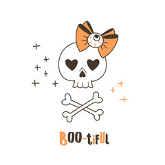 Skull with eye bow flat vector illustration. Braincase with heart shaped eyes and nose, crossbones isolated design element. Deaths head, two bones crossed together. Hazard symbol, warning