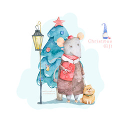 Cute cartoon christmas rat mouse with dog and blue forest tree, vitage style lamp christmas card. Watercolor hand drawn animal illustration. New Year 2020 holiday drawing gift card isolated background