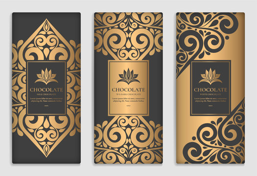 Black and gold packaging design of chocolate bars. Vintage vector ornament template. elegant, classic elements. Can be used for background, wallpaper or any desired idea.