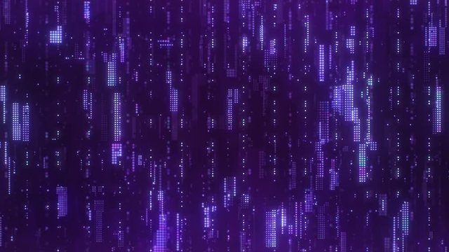 The abstract high-tech digital background represents big data analysis. Flying upwards along the bright purple flickering pixels combined into matrices randomly spaced over a dark background.
