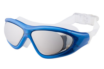 blue goggles for swimming in the pool or in the open water, with mirrored glasses, on a white background