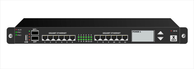Black router IP traffic for mounting with a 19 inch rack. SFP, SFP+, USB,  RG-45 connectors and Router Management Screen. Vector illustration.