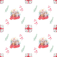 Watercolor seamless pattern Hand drawn Burning candle in christmas candlestick of fir branches with colorful painting red scarf and prize box. Holiday illustration. colorful on white background