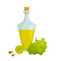 Bottle of grape seed oil in cartoon style. Vector banner with a composition of grape, seeds and oil bottle. Still life.
