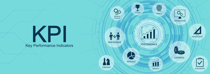 Obraz premium KPI (Key Performance Indicators) concept web banner with Key aspects of the and icons KPI. Metrics to measure achievement versus planned target. Measurement, Optimization, Strategy, Business. Vector