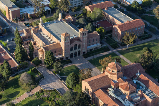 Afternoon aerial view of historic Royce Hall on the UCLA campus near Westwood on April 18, 2018 in Los Angeles, California, USA