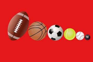 3d illustration sport balls on red background.