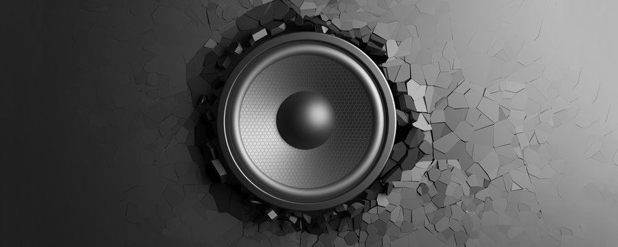 Black wall breaks from sound with speaker. 3d illustration © viperagp