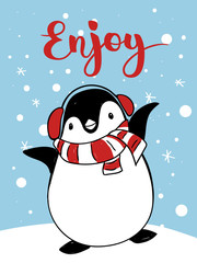 Holiday Christmas greeting poster with cartoon dancing penguin and Enjoy lettering.