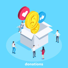 isometric vector image on a blue background, men in business suits are standing near a large box into which money and likes fall, charity donations and sponsorship