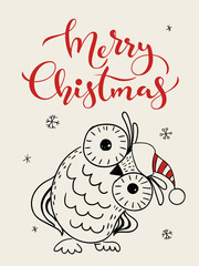 Christmas greeting poster with cartoon owl and Merry Christmas lettering