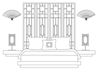 linear bedroom in oriental style. Chinese outline interior. Vector asian lounge room. Pattern for coloring book. Japanese bedroom.