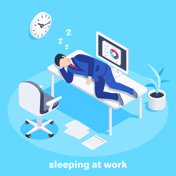 isometric vector image on a blue background, a man in a business suit lies on a desktop in the office, sleep at work