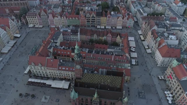 Aerial view of Wroclaw old town market square. Poland. Evening. 4K.