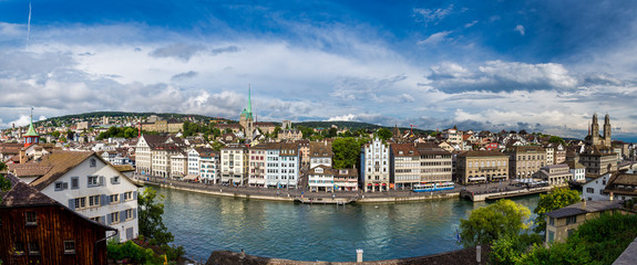 Fototapeta na wymiar Panoramic view of old downtown Zurich with Limmat river in summer