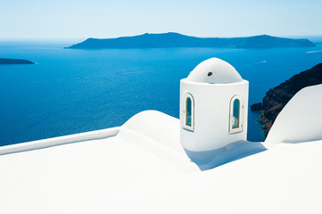 White architecture on Santorini island, Greece. Beautiful sea view. Famous travel destination